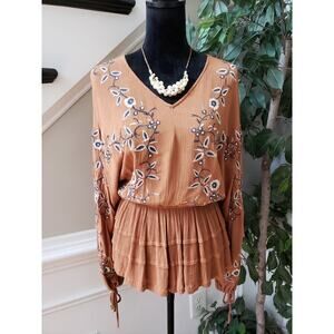 Magnolia South Top Blouse Womens M Orange Embroidered Dolman Sleeve Peplum Hem